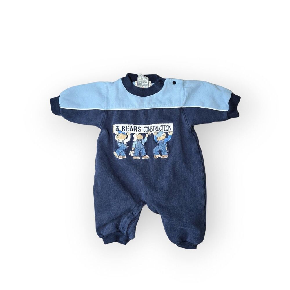 Vintage Playbear Baby Boys 6-9M Romper Navy Blue 3 Bears Construction One Piece